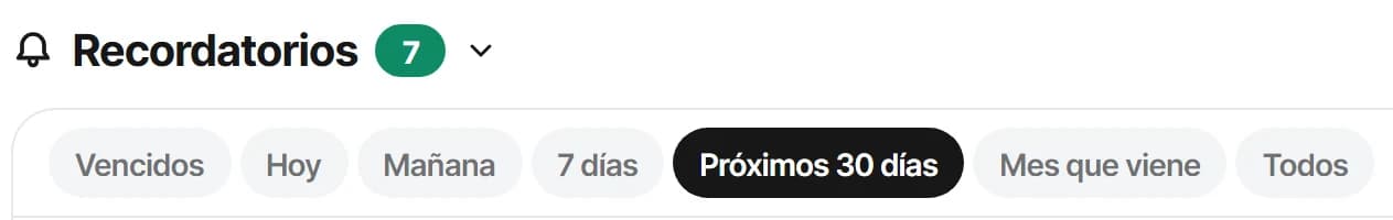 Recordatorios de Convest con sus filtros: vencidos, hoy, mañana, 7 días y próximos 30 días