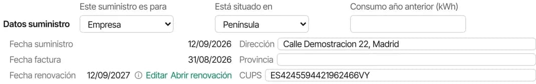 CRM para el sector energético: la ficha de un suministro con su CUPS, su dirección y sus fechas de alta, de factura y de renovación